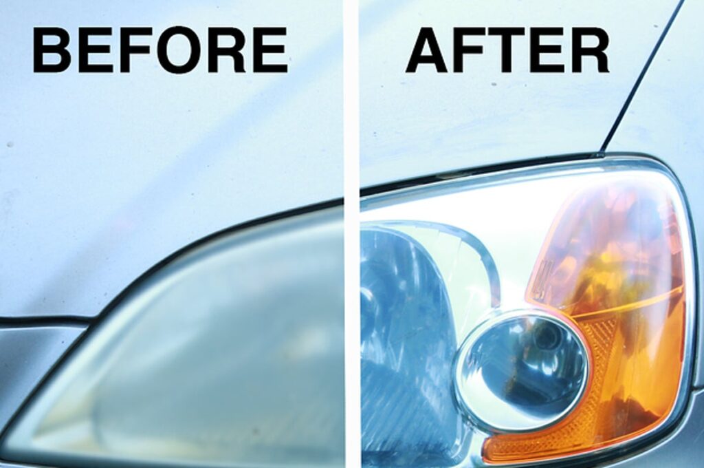 Before and after cleaning headlights with  Lemon And Baking Soda